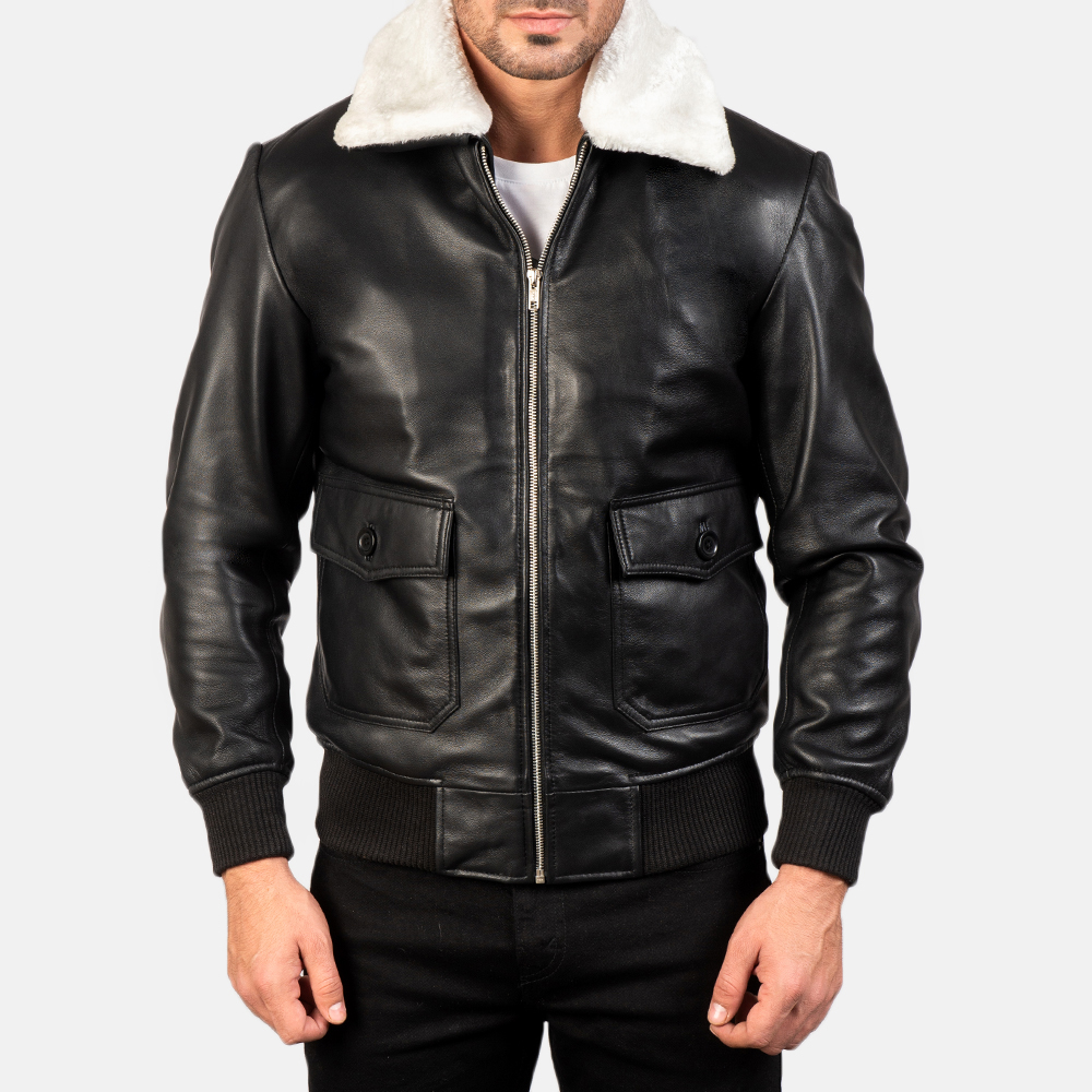 Black Shearling Collar Leather Flight Jacket with Flap Pockets